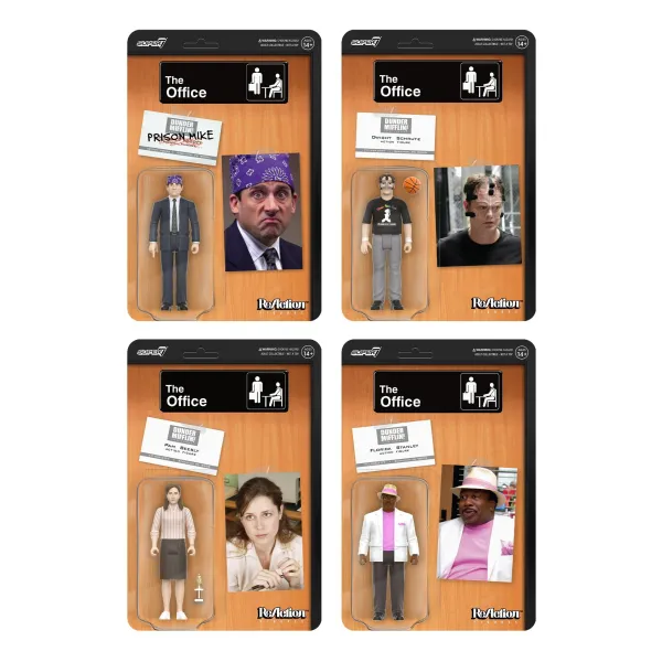 Super7 The Office^The Office Reaction Figures Wave 2 - Michael Scott (Prison Mike), Dwight Schrute (Basketball), Stanley Hudson (Florida), Pam Beesly (Dundie)