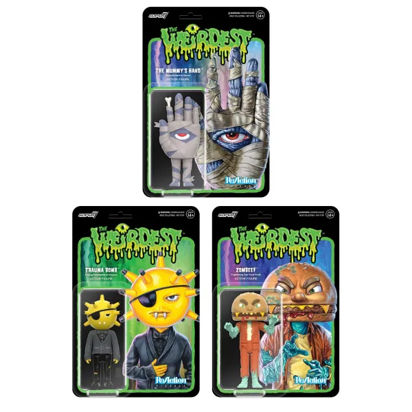 Super7 The Weirdest^The Weirdest Reaction Figures Wave 2 - Trauma Bomb, Mummy'S Hand & Zombeef