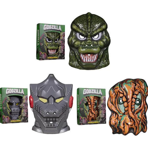 Super7 Godzilla^Toho Masks - Godzilla (Green), Mechagodzilla (Grey) & Hedorah (Orange)